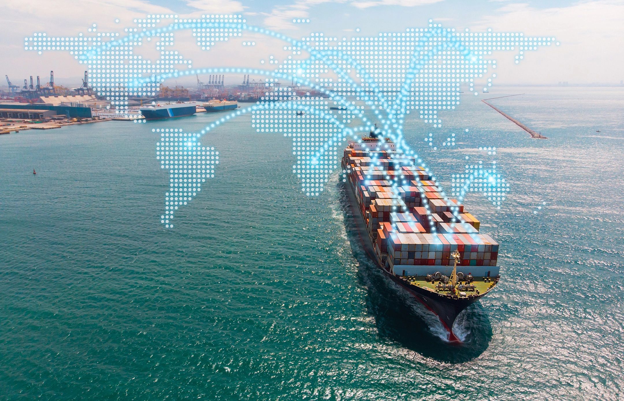 Aerial view of a large container ship at sea